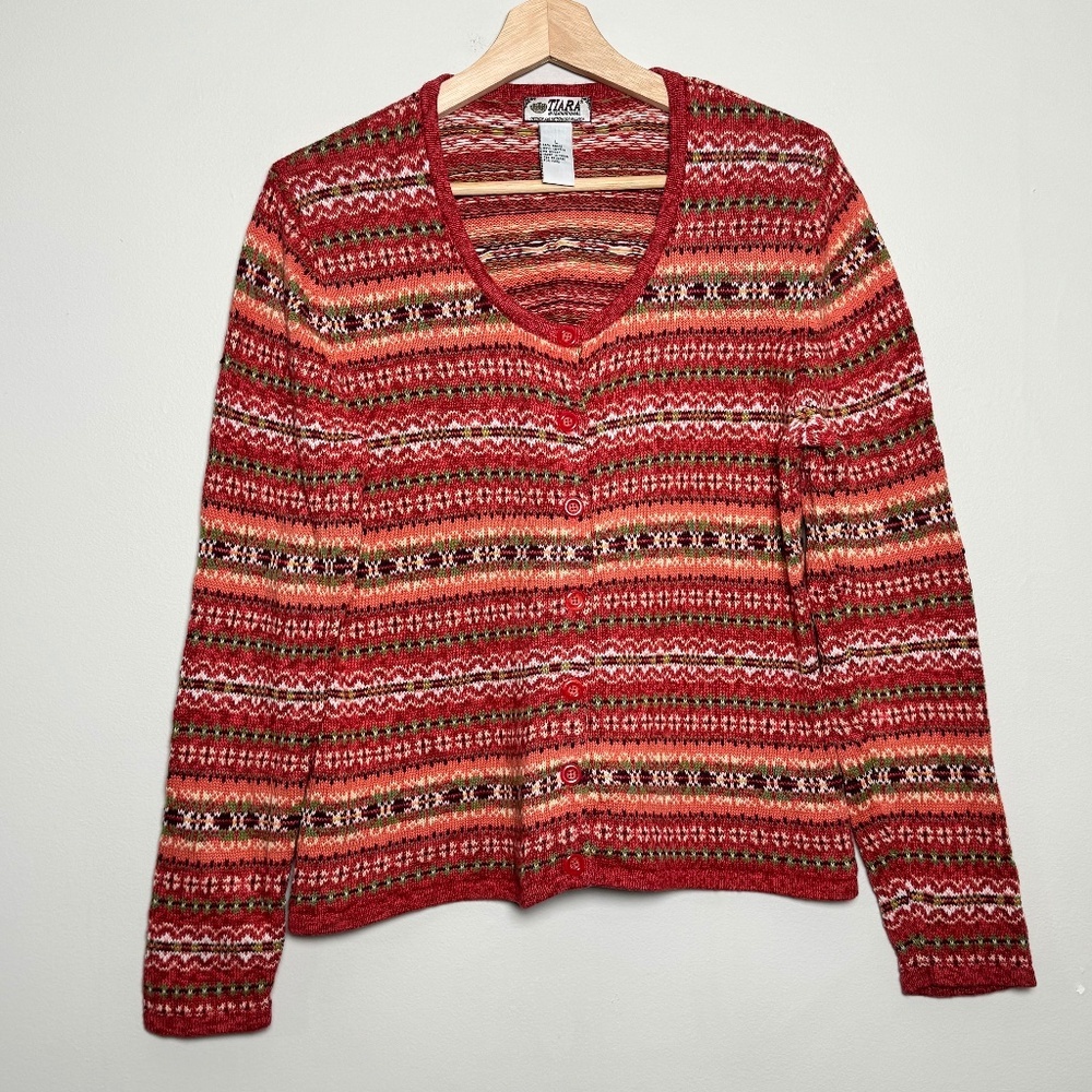 Vintage Multi-color Fair Isle Button-up Ramie Cotton Blend Cardigan Sz L